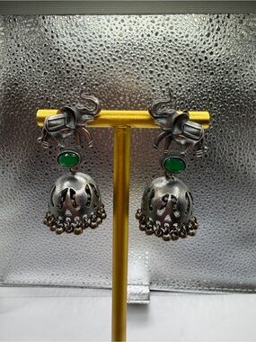 Oxidized Silver-Tone Elephant Jhumka Earrings with Stone